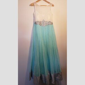 Gorgeous Long Blue, White and Silver Anarkali